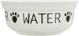 Weiße Schüssel mit schwarzem Text "WATER" und Pfotenabdrücken als Dekor um die Außenseite.
