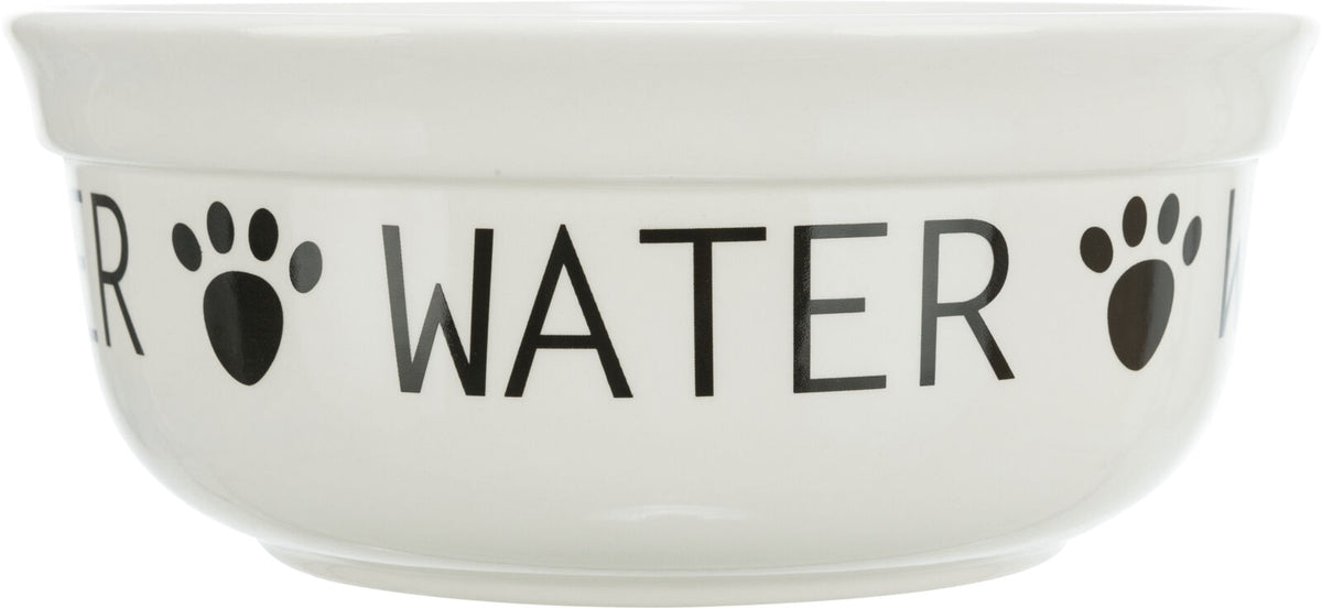 Weiße Schüssel mit schwarzem Text "WATER" und Pfotenabdrücken als Dekor um die Außenseite.