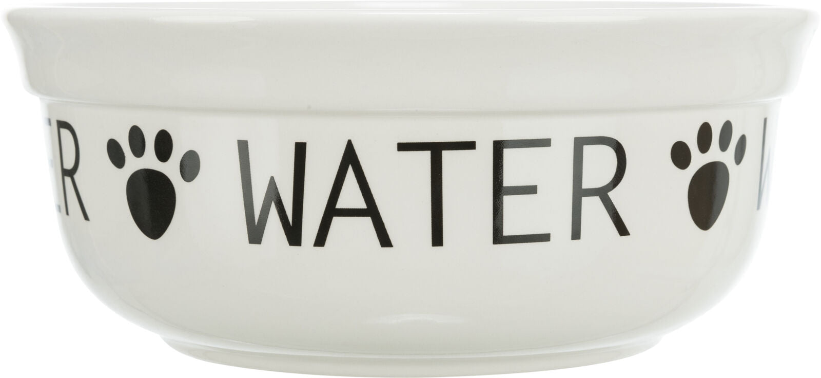 Weiße Schüssel mit schwarzem Text "WATER" und Pfotenabdrücken als Dekor um die Außenseite.