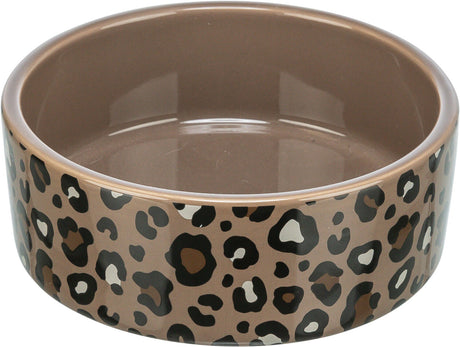 Braune Schüssel mit Leopardenmuster, runde Form, glänzende Oberfläche, sichtbare Innenseite.