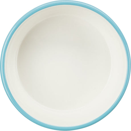 Runde, cremefarbene Schale mit hellblauem Rand.