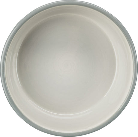 Runde, elfenbeinfarbene Keramikschale mit leicht grauem Rand, von oben abgebildet.