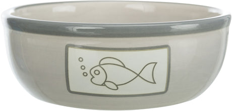 Graue Schüssel mit Fischmotiv und Blasen im Relief auf der Seite, klare Oberfläche.