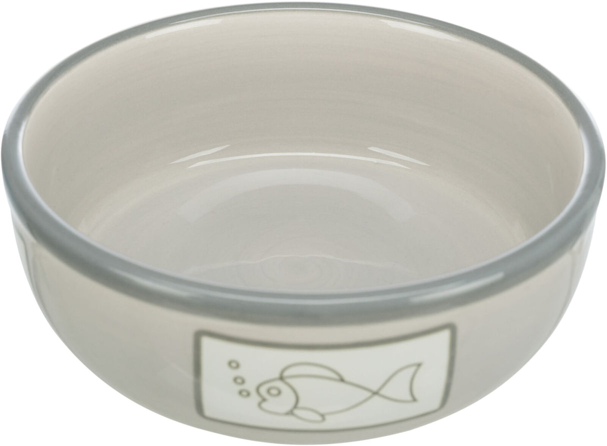 Graue Schüssel mit Fischmotiv außen, glatte Oberfläche, runde Form, keine sichtbaren Verzierungen innen.
