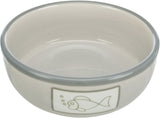 Graue Schüssel mit Fischmotiv außen, glatte Oberfläche, runde Form, keine sichtbaren Verzierungen innen.