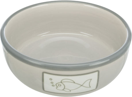 Graue Schüssel mit Fischmotiv außen, glatte Oberfläche, runde Form, keine sichtbaren Verzierungen innen.