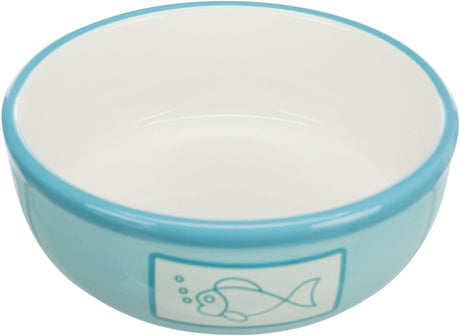 Runde Schale mit hellblauem Rand und Fischsymbol auf der Seite, Innenseite cremefarben.