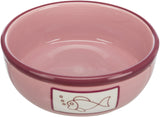 Rosa Schüssel mit dunkelrotem Rand und Fischzeichnung an der Seite, innen glatt glänzend.