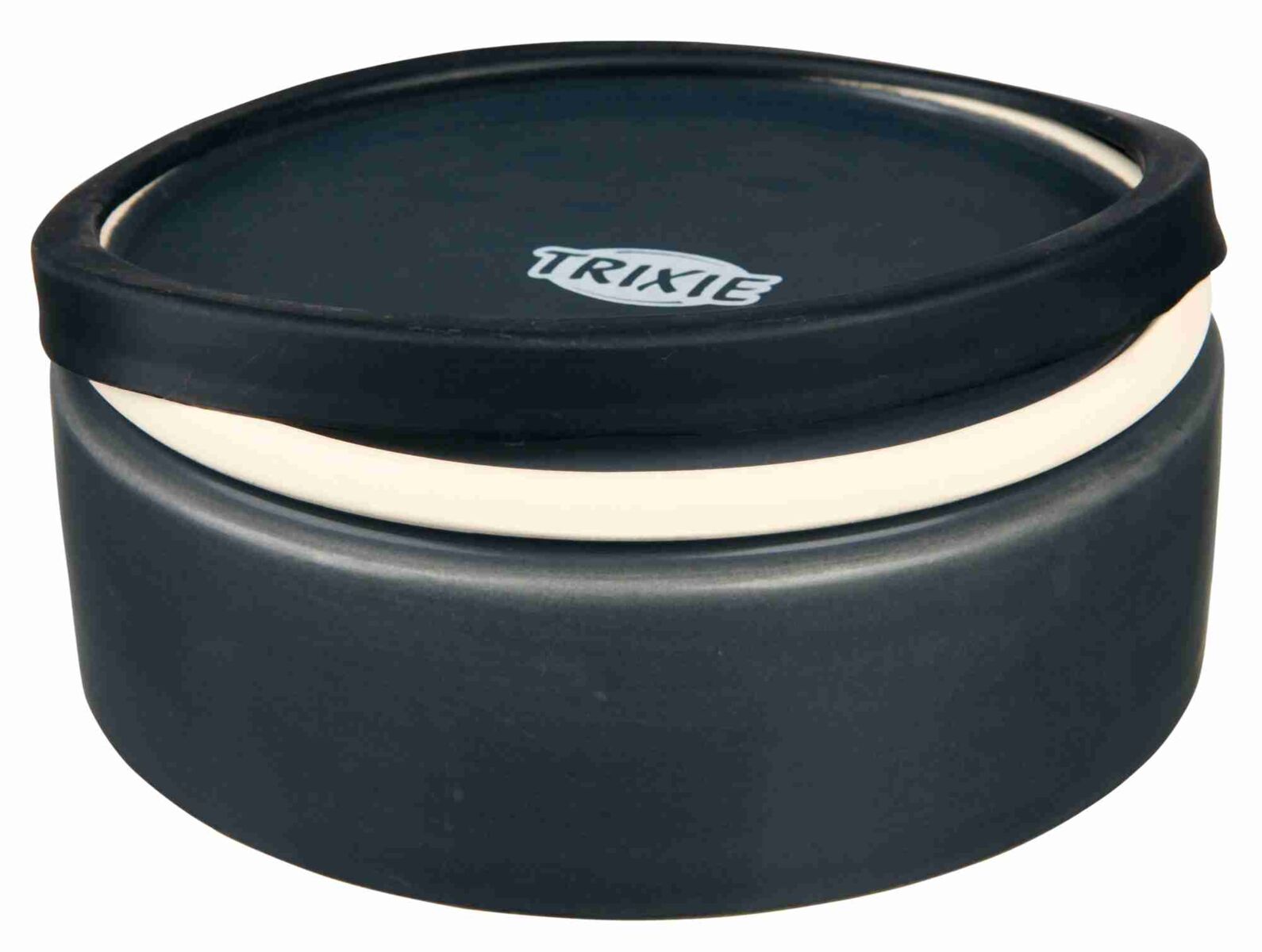 Runder, dunkler Behälter mit abnehmbarem Deckel und sichtbarem "Trixie"-Logo, kompakt und schlicht gestaltet.