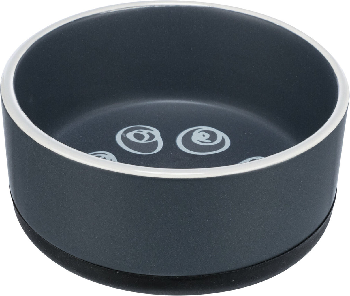 Grauer Futternapf mit weißem Rand und spiralförmigen Mustern innen auf dem Boden.