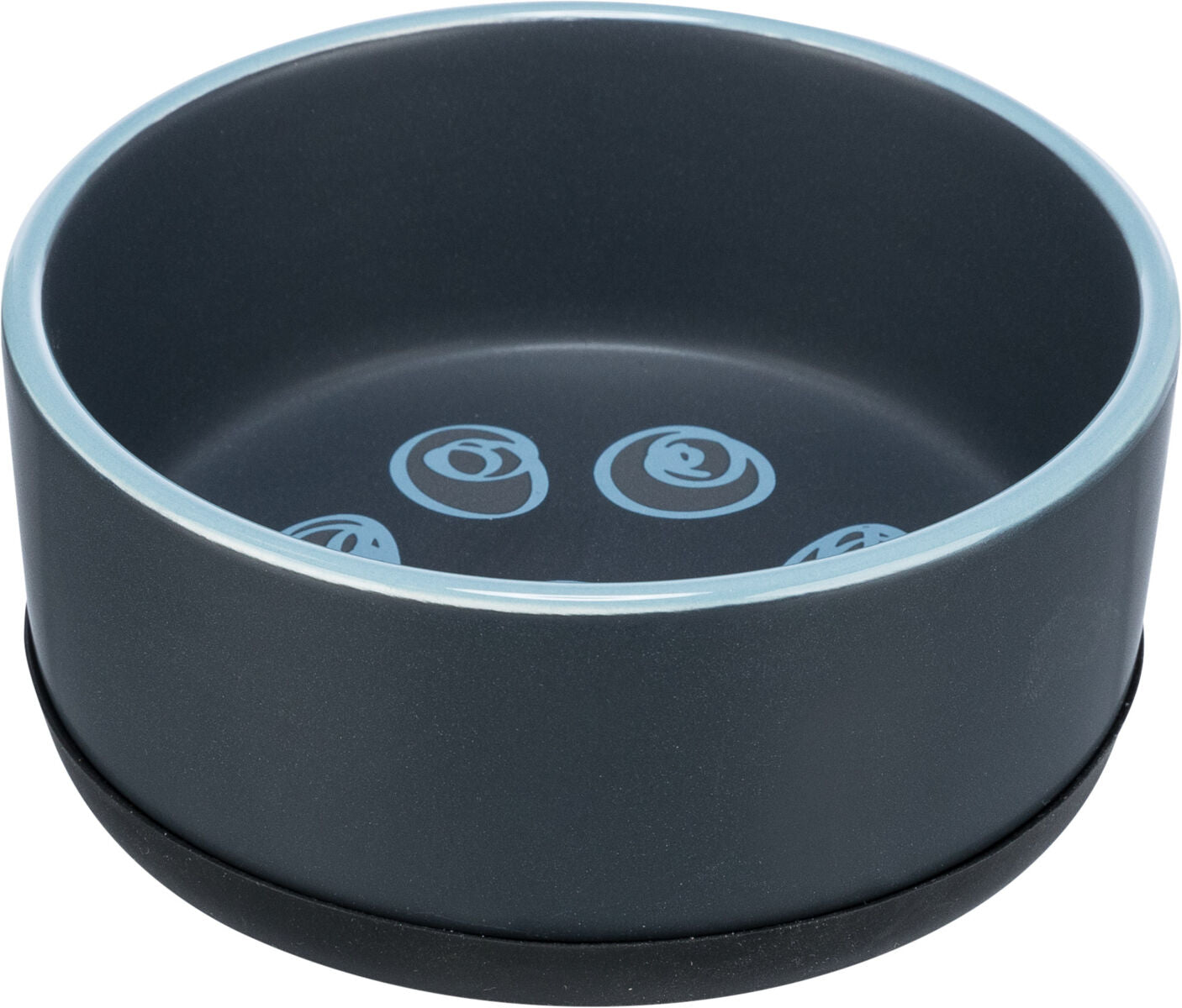 Grauer Napf mit blauem Rand und blauen Kreisen am Boden, runde Form, leicht erhöhter Rand.