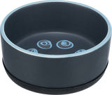 Grauer Napf mit blauem Rand und blauen Kreisen am Boden, runde Form, leicht erhöhter Rand.