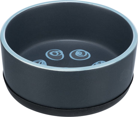 Grauer Napf mit blauem Rand und blauen Kreisen am Boden, runde Form, leicht erhöhter Rand.