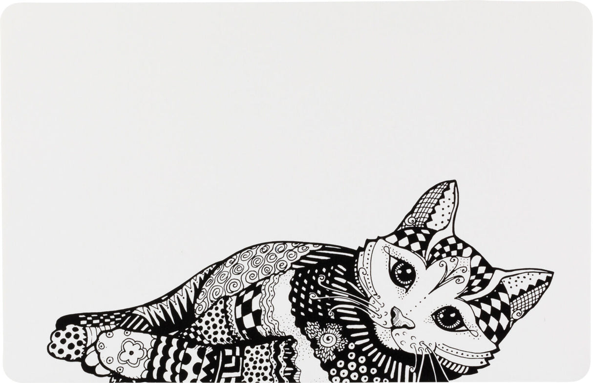 Schwarz-weiße Zeichnung einer liegenden Katze mit komplexen geometrischen Mustern auf weißem Hintergrund.