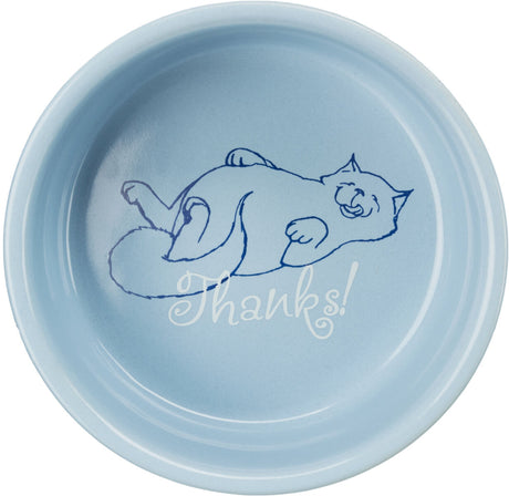 Hellblauer Napf mit einer Zeichnung einer liegenden Katze und dem Schriftzug "Thanks!" im Inneren.