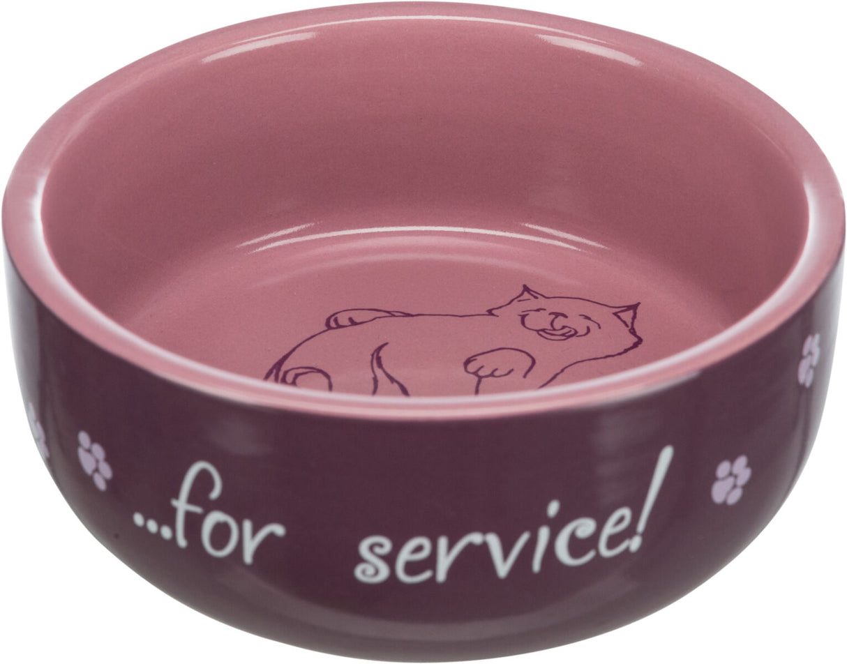Rosa Katzenschale mit gezeichnetem Katzenmotiv und Aufschrift „...for service!“ am Rand.