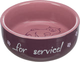 Rosa Katzenschale mit gezeichnetem Katzenmotiv und Aufschrift „...for service!“ am Rand.