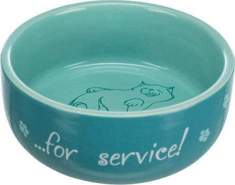 Türkise Schale mit zeichnerischem Katzendruck innen und der Aufschrift "...for service!" außen.
