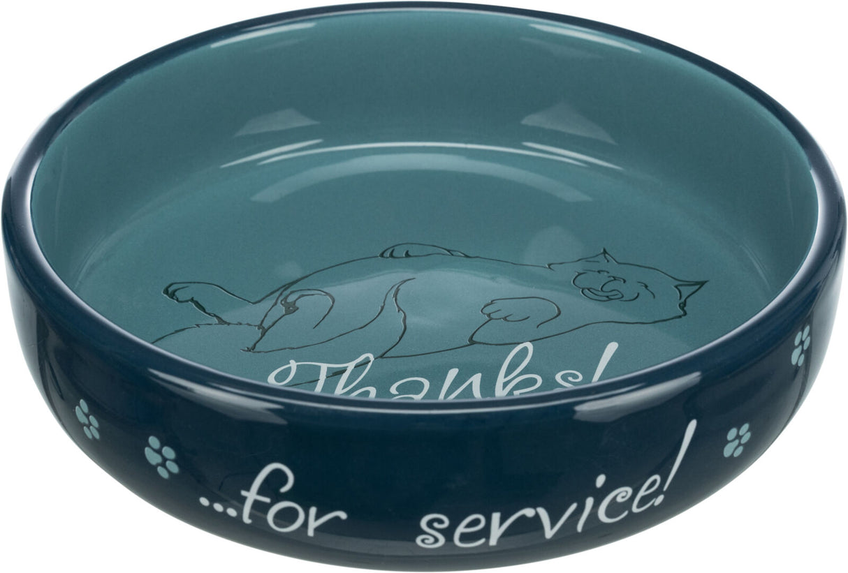 Dunkelblaue Futterschale mit gezeichneter Katze und dem Text "Thanks for service!" auf der Innenseite.