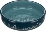 Dunkelblaue Futterschale mit gezeichneter Katze und dem Text "Thanks for service!" auf der Innenseite.