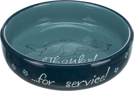 Dunkelblaue Futterschale mit gezeichneter Katze und dem Text "Thanks for service!" auf der Innenseite.