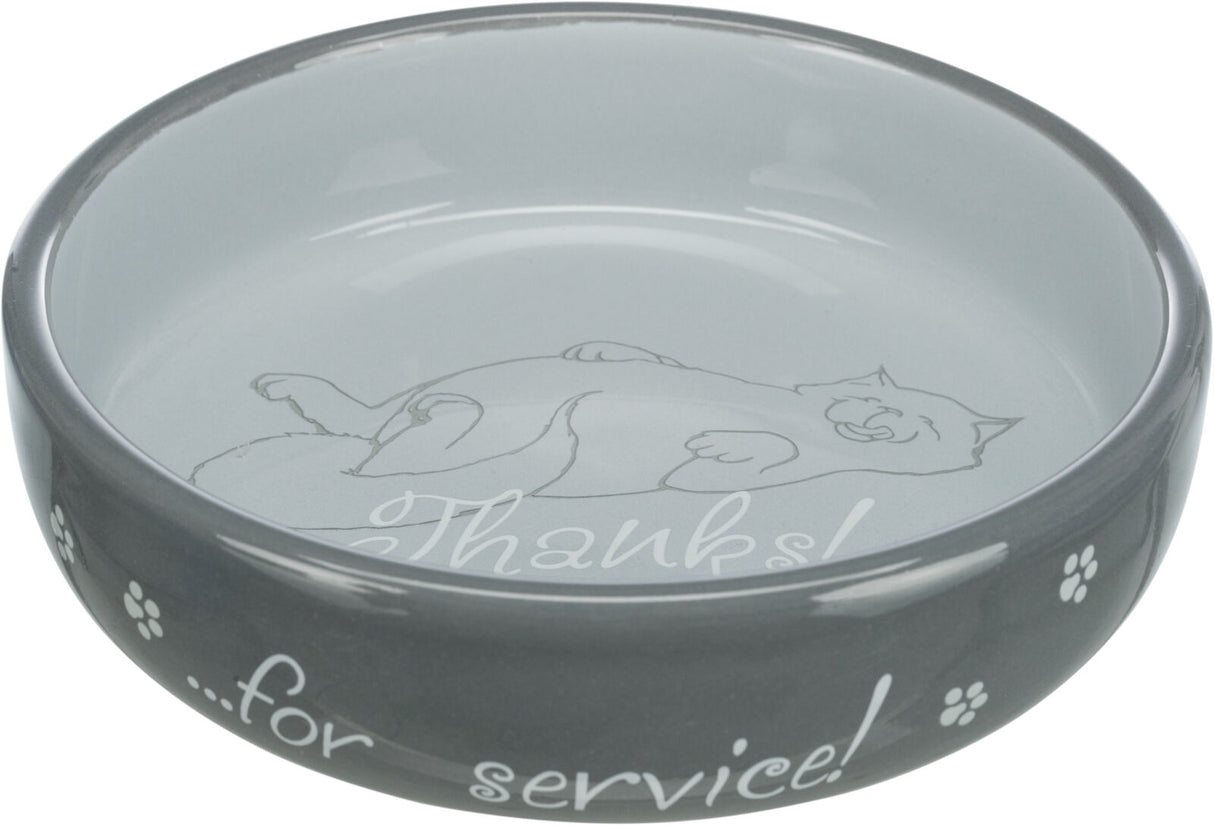 Grauschwarzer Futternapf mit liegendem Katzenmotiv und dem Text "Thanks!...for service!" auf der Innenseite.