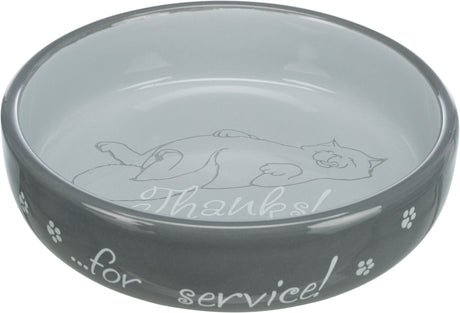 Grauschwarzer Futternapf mit liegendem Katzenmotiv und dem Text "Thanks!...for service!" auf der Innenseite.