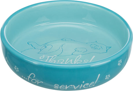 Türkise Futterschale mit weißem Schriftzug "Thanks! ...for service!" und Katzenillustration innen.