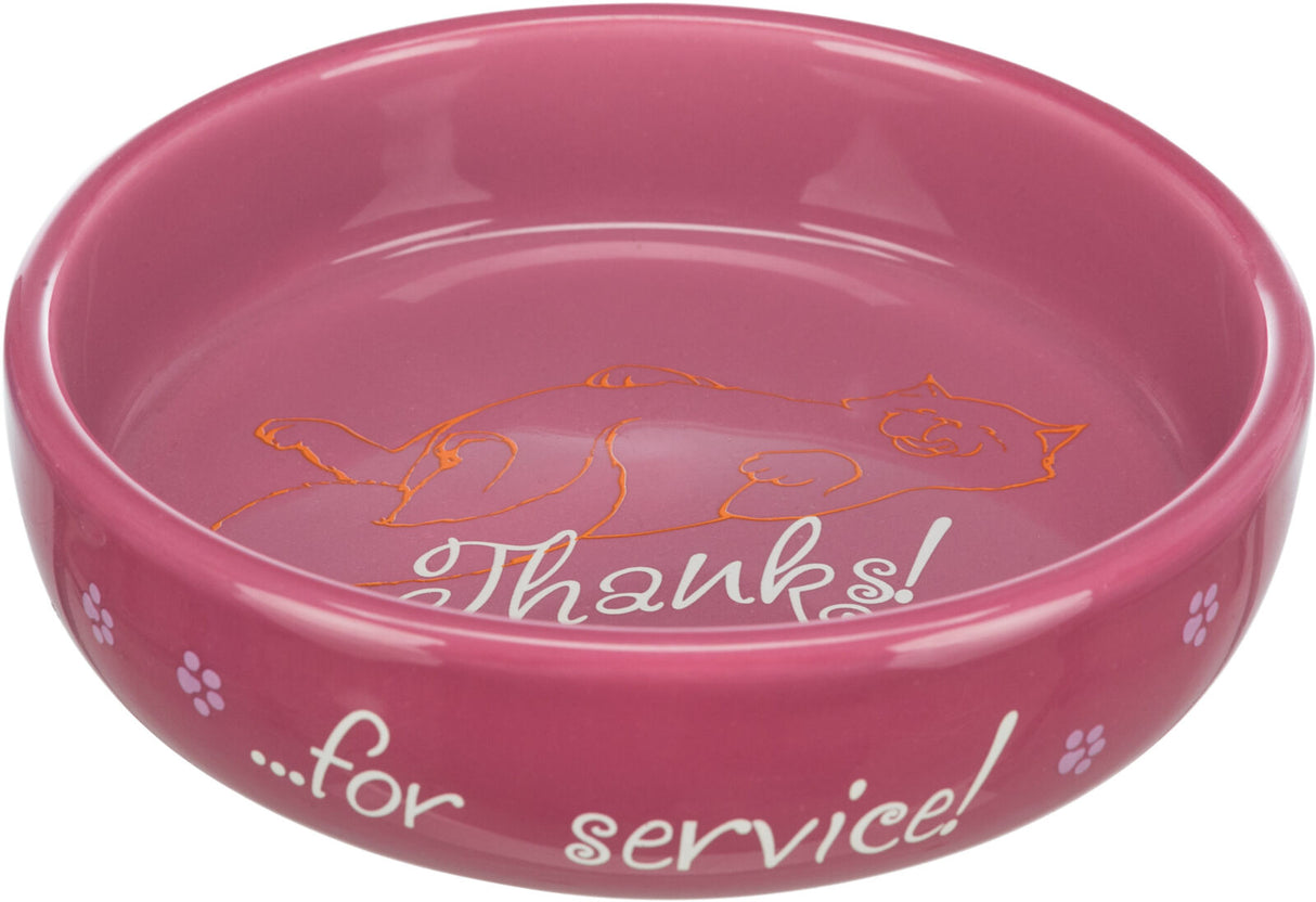 Rosa Futternapf mit Katzenskizze und der Aufschrift "Thanks!" innen sowie "...for service!" außen.