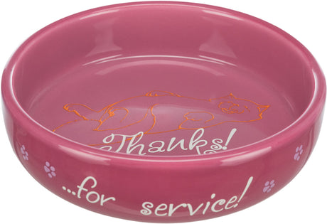 Rosa Futternapf mit Katzenskizze und der Aufschrift "Thanks!" innen sowie "...for service!" außen.