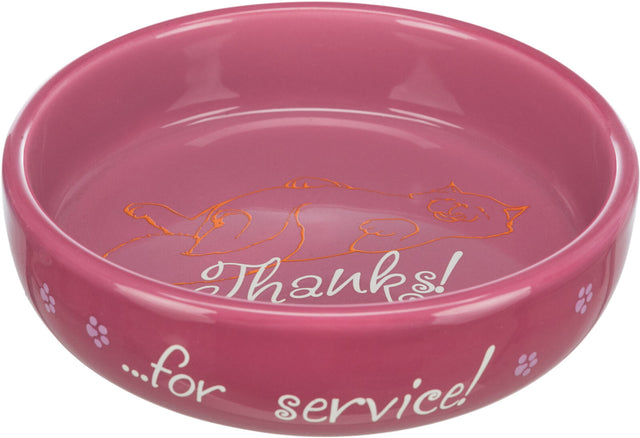 Rosa Futternapf mit Katzenskizze und der Aufschrift "Thanks!" innen sowie "...for service!" außen.