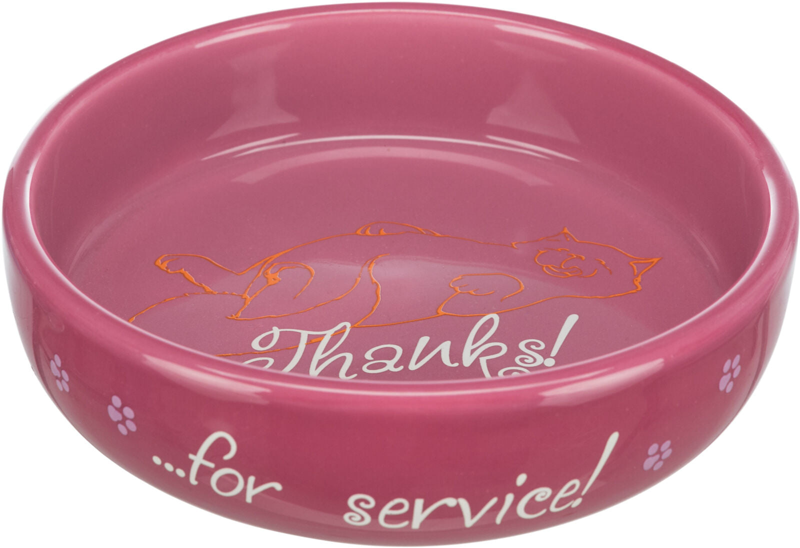 Rosa Futternapf mit Katzenskizze und der Aufschrift "Thanks!" innen sowie "...for service!" außen.