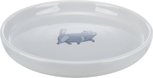 Weiße Keramikschale mit Cartoon-Katzenmotiv in der Mitte.