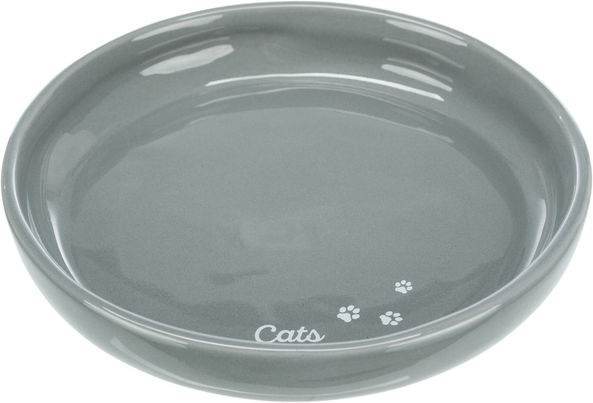 Runde, graue Katzenschale mit dem Schriftzug "Cats" und drei weißen Pfotenabdrücken am Rand.