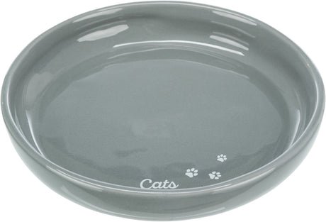 Runde, graue Katzenschale mit dem Schriftzug "Cats" und drei weißen Pfotenabdrücken am Rand.