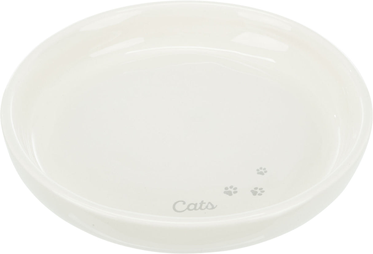 Weiße Futterschale mit der Aufschrift "Cats" und kleinen Pfotenabdrücken.