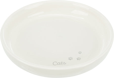 Weiße Futterschale mit der Aufschrift "Cats" und kleinen Pfotenabdrücken.