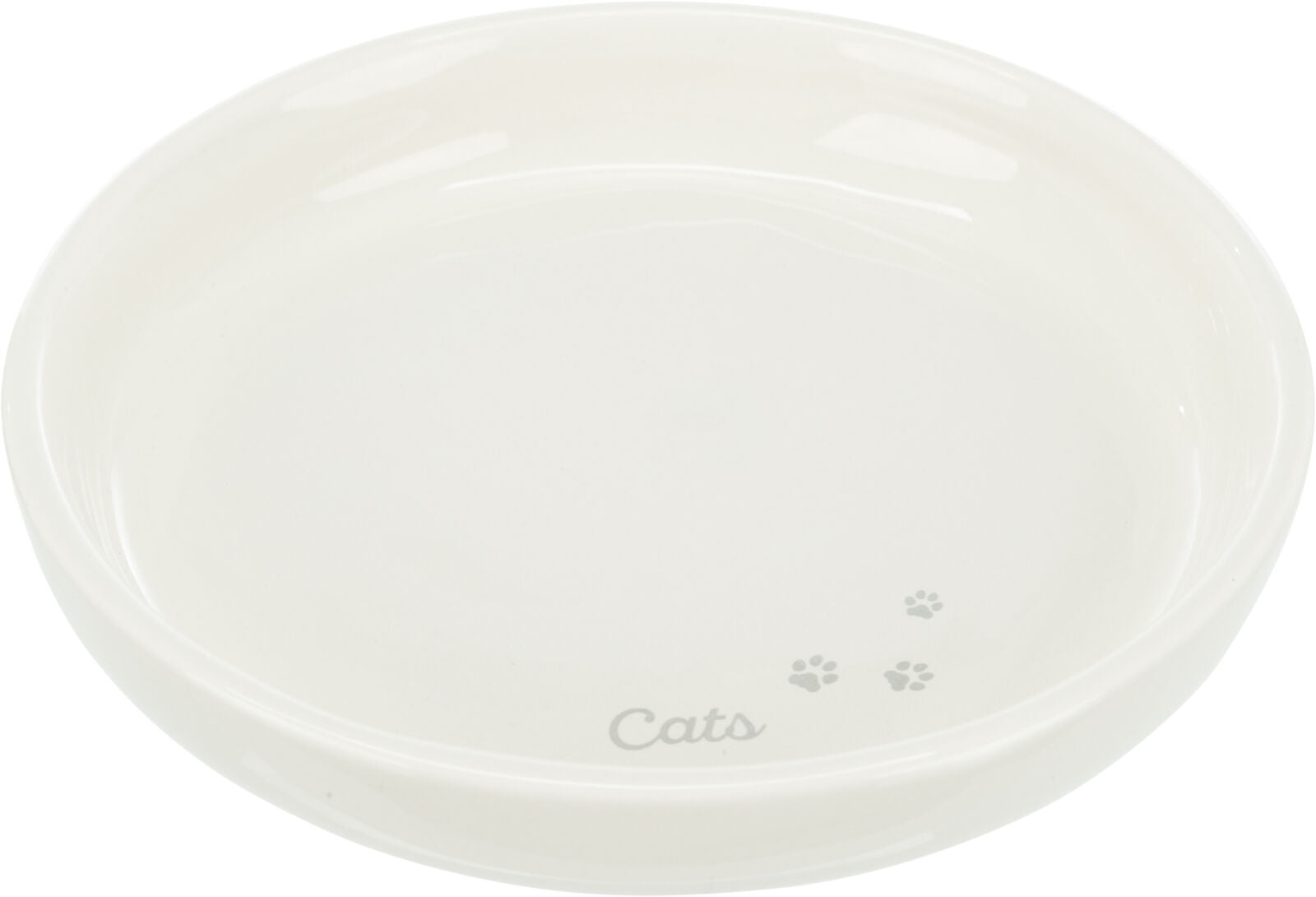 Weiße Futterschale mit der Aufschrift "Cats" und kleinen Pfotenabdrücken.