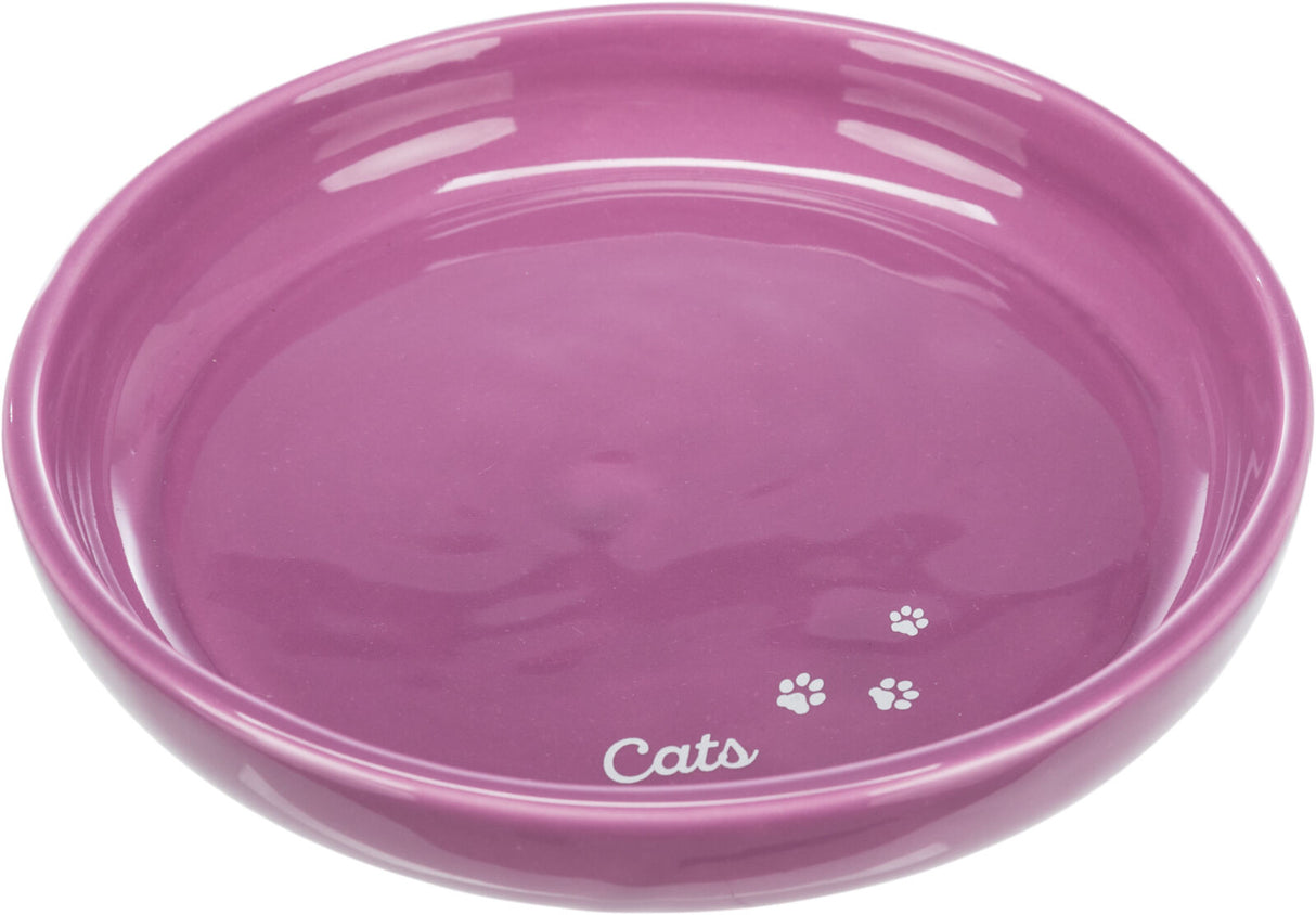 Lila Napf mit dem Aufdruck "Cats" und kleinen Tatzenmotiven am Rand.