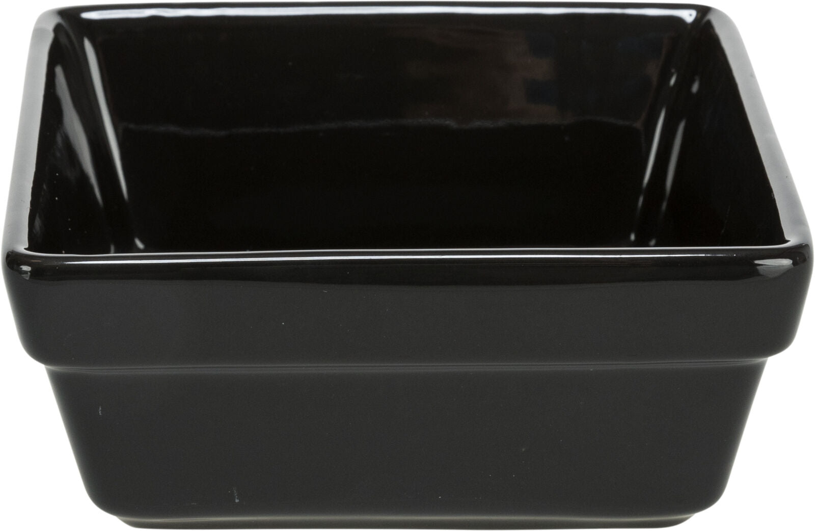 Eine glänzende, schwarze, quadratische Schale aus Keramik mit breitem Rand und glatter Oberfläche.
