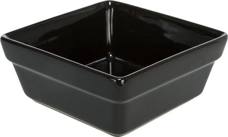 Schwarze, quadratische Keramikschale mit erhöhten Rändern und glänzender Oberfläche.