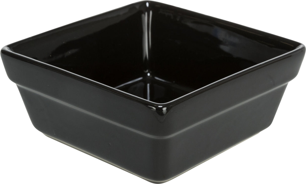 Schwarze, quadratische Keramikschale mit erhöhten Rändern und glänzender Oberfläche.