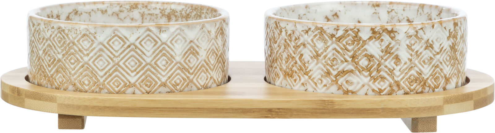 Zwei weiße und hellbraune Schüsseln mit geometrischem Muster auf einem hölzernen, erhöhten Ständer.