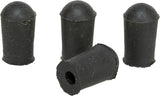 Vier schwarze zylindrische Gummistopfen, einer liegend mit offener Seite nach vorne.