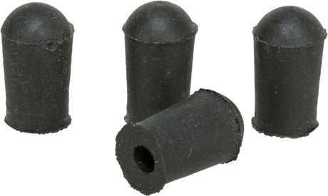 Vier schwarze zylindrische Gummistopfen, einer liegend mit offener Seite nach vorne.