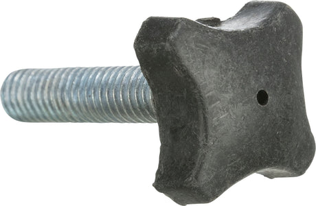 Schwarze Rändelschraube mit sternförmigem Kopf und silberfarbenem, geripptem Gewinde.