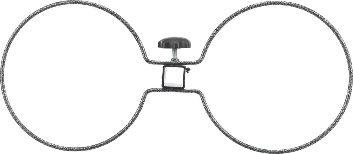 Metallischer Doppelring mit zentraler Schraubverbindung und Griff, silbern mit gesprenkelter Oberfläche.