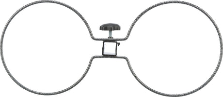 Metallischer Doppelring mit zentraler Schraubverbindung und Griff, silbern mit gesprenkelter Oberfläche.