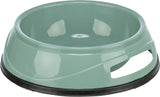 Grüne Futterschale mit schwarzen Rand, seitlichem Griff und glänzender Oberfläche.