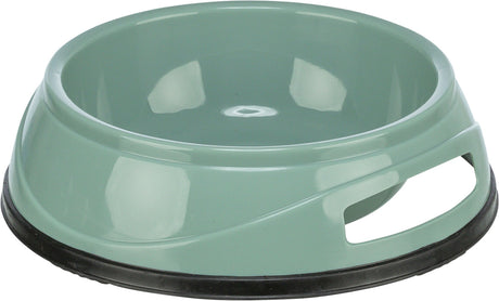 Grüne Futterschale mit schwarzen Rand, seitlichem Griff und glänzender Oberfläche.